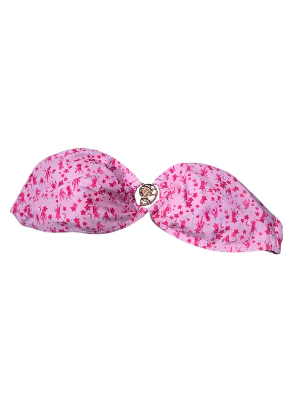 Pink Floral Bandeau Bikini Top Gold Nautilus Shell Hardware Size Medium